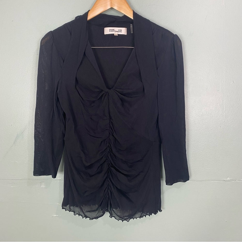 Diane Von Furstenberg Black Ruched Witchy Y2K Mesh Goth Dark Sz Large Alt